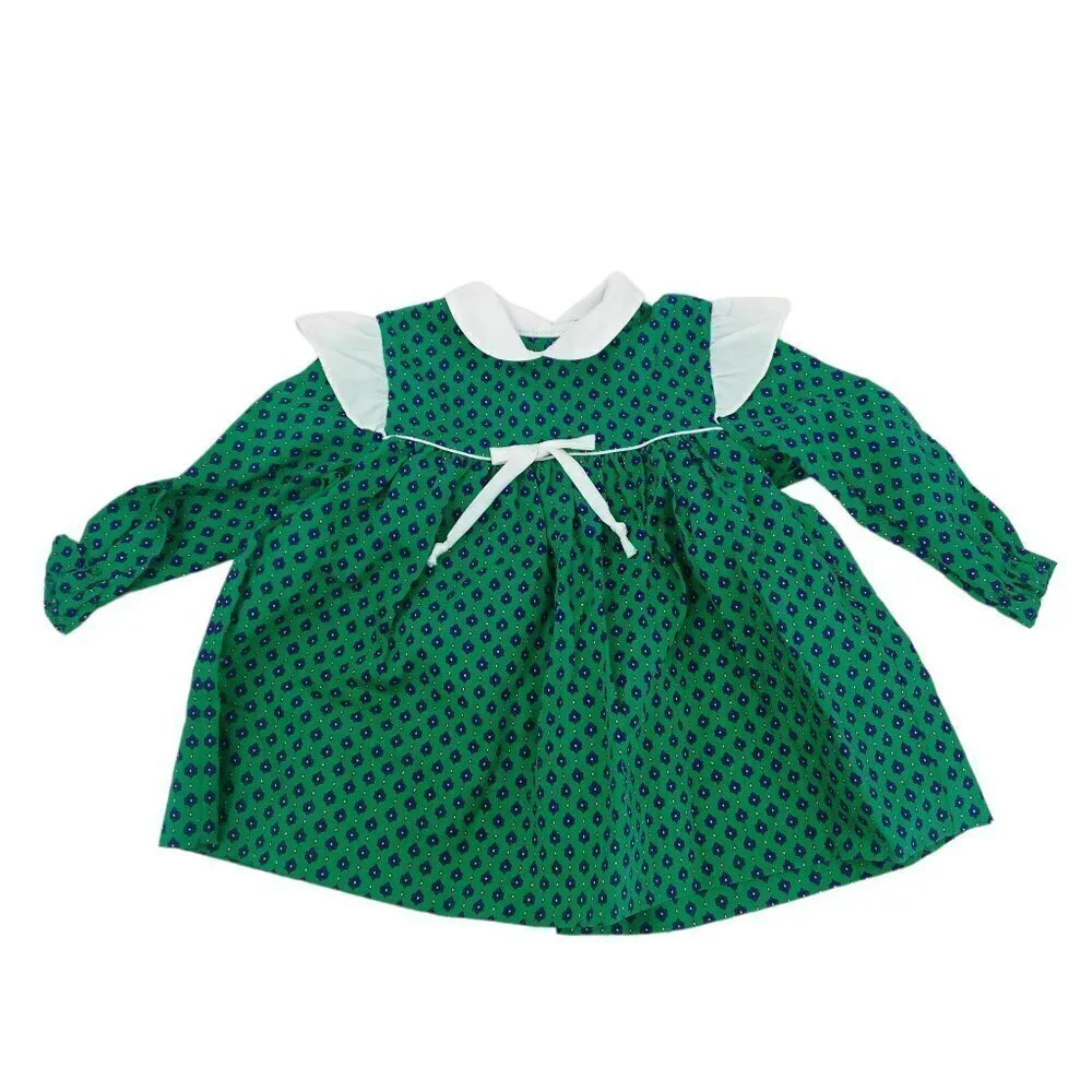Vintage Sears Ruffle Collar Prairie Dress Size 20lbs 6-9 months Bow Floral Green